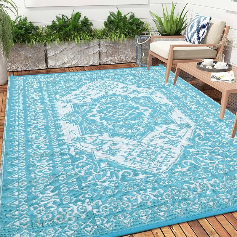 Outdoor Patio Rug Waterproof Reversible Carpet Vintage Boho Medallion Rug Plastic Straw Rug - 9'x12' - Light Blue White