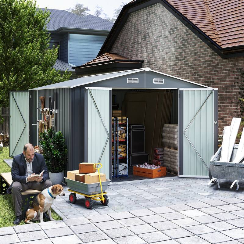 Outdoor Storage Shed 9×11 FT with 3 Lockable Doors,Utility Tool Shed Metal Storage Garden Sheds 4 Vents,Metal Sheds - Dark Gray