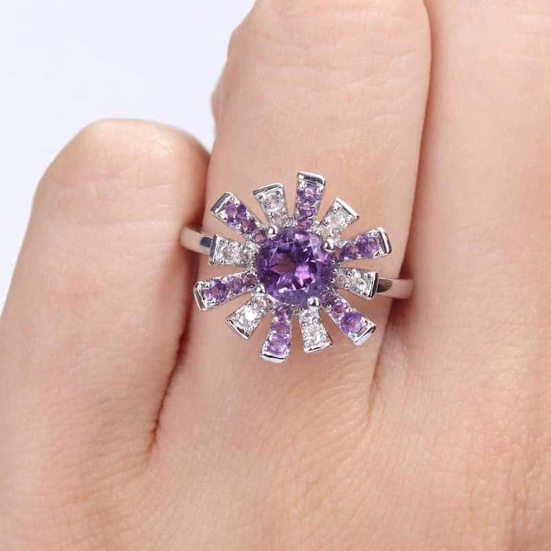 Miadora African Amethyst and White Topaz Floral Cluster Ring in Sterling Silver