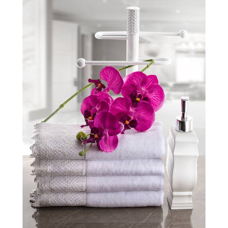 Creative Scents White Fingertip Towel Set with Gorgeous Trim, 4 Pack