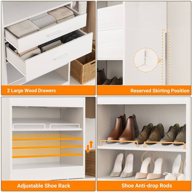 25'' W Freestanding Closet System with 2 Wooden Drawers and Adjustable Shoes Rack and Hanging Rod,Walk-in Closet Organizer