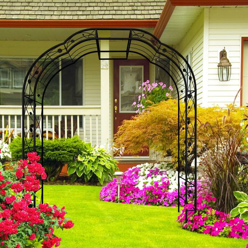 Anmytek Metal Garden Arch with Intricate Scrollwork, Weather Resistant Black Finish, Climbing Plant Trellis for Roses, Clematis