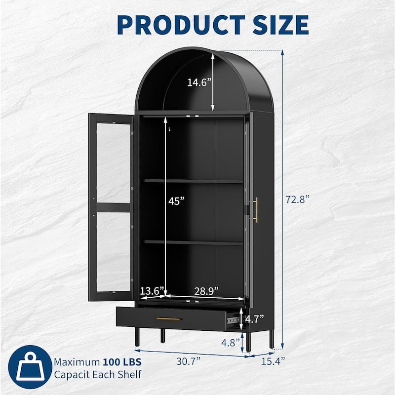 73" Tall Arched Pantry Cabinet with Glass Door - N/A