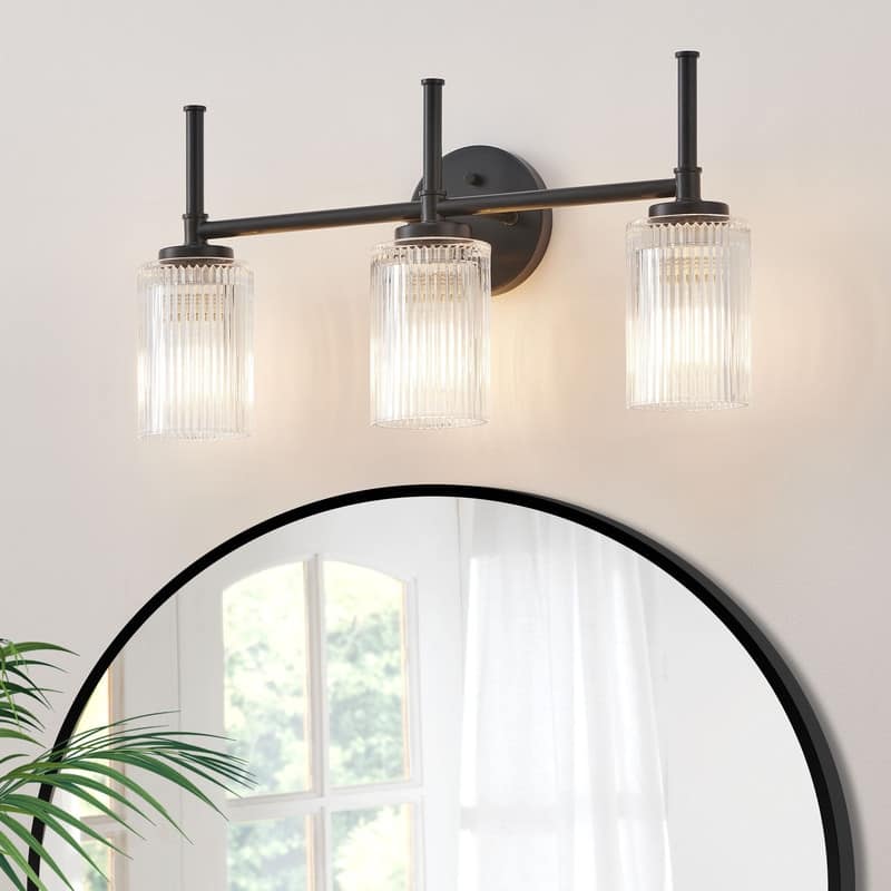 KAWOTI 22"Wide 3-Light Bathroom Vanity Light with Ribbed Glass Shade - Painted Black