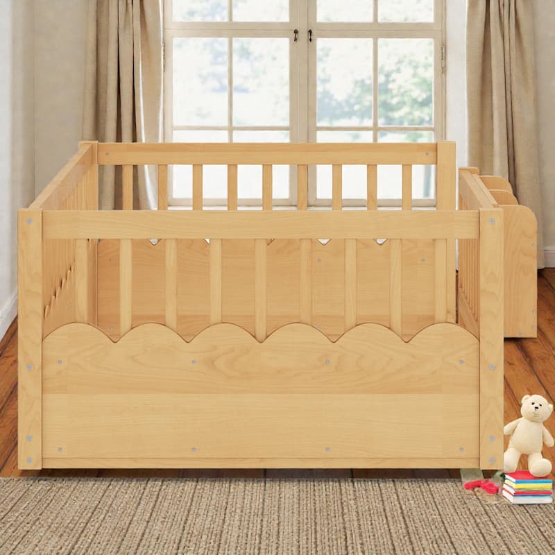 Twin Floor Bed with Heightened Fence and Bookshelf, Wooden Montessori Floor Bed for Kids, Low Profile Design