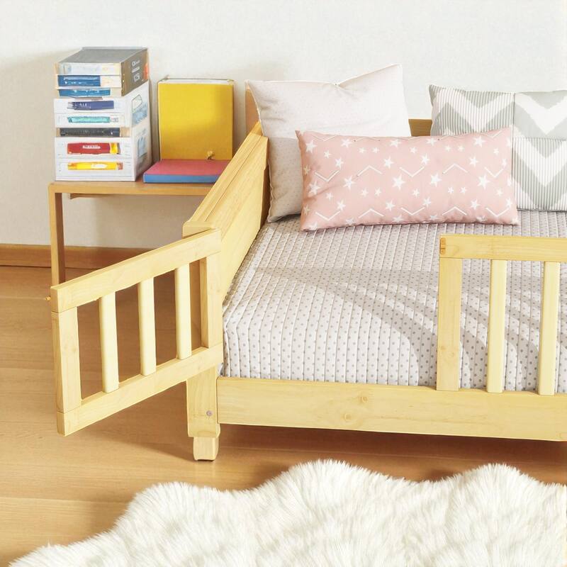 Twin Size Floor Platform Bed with Guardrails, Revolving Door and Built-in Book Rack