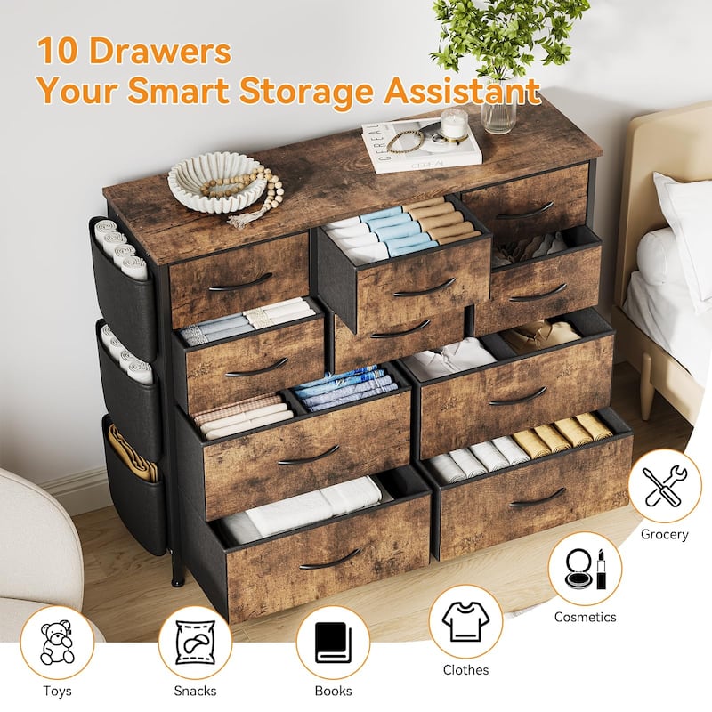 Fabric 10 Drawer Dresser for Bedroom, Metal Frame Storage Organizer Chest with Side Pockets, Hooks