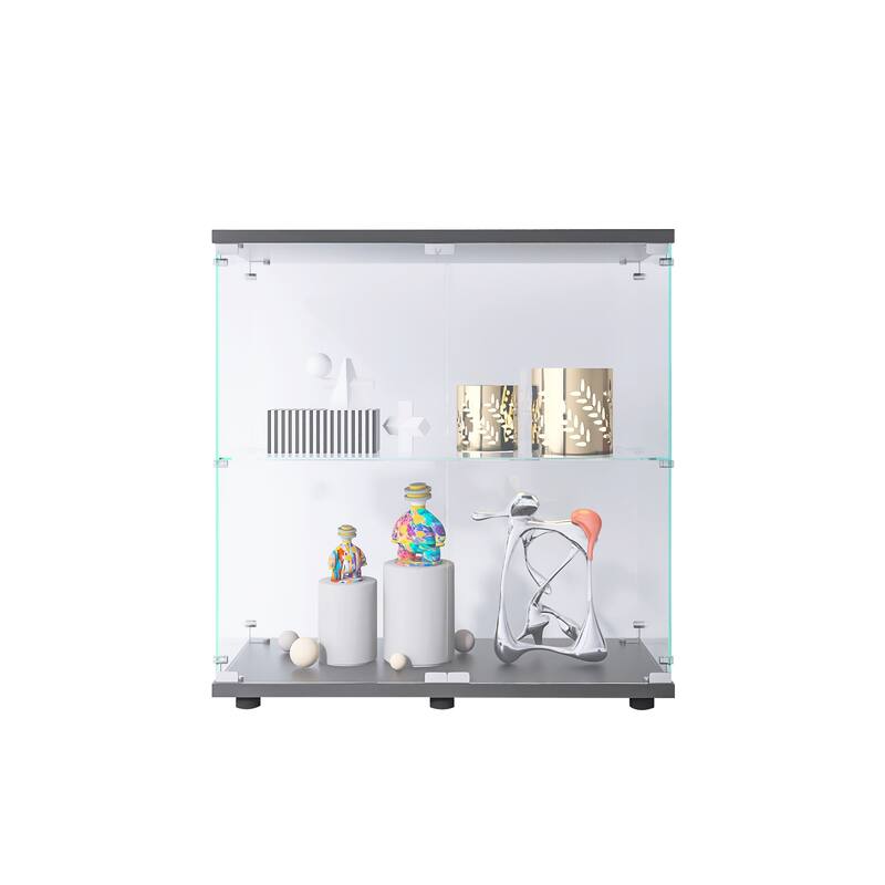 Two-door Glass Display Cabinet, Floor Standing Curio Bookshelf w/2 Shelves, Transparent Full Viewing Angle Cabinets for Bedroom