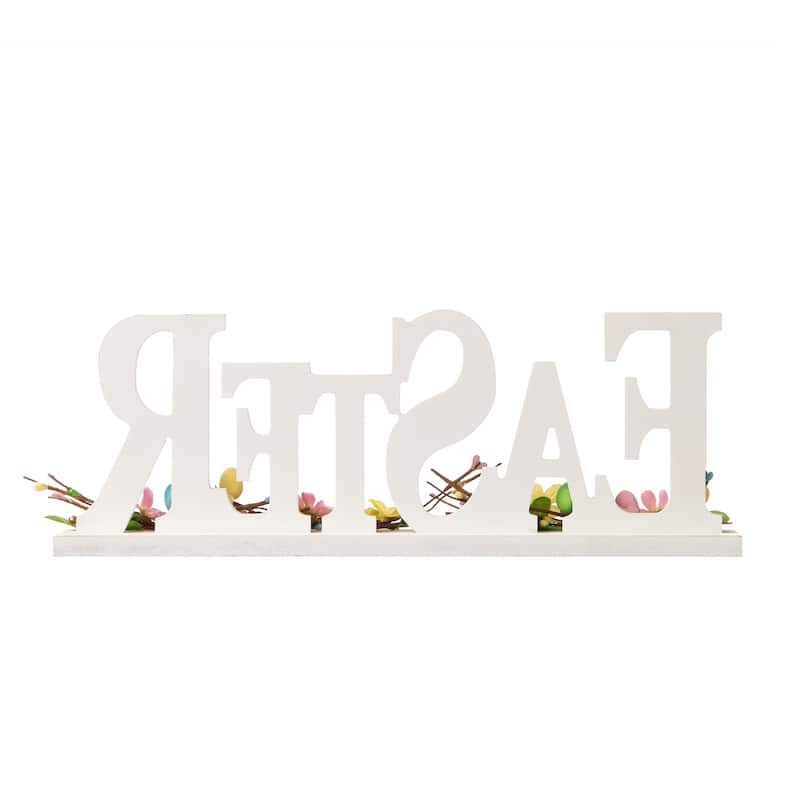 Glitzhome Wooden EASTER HOP Happy Easter with Artificial Rattan Table Sign Decor Centerpiece