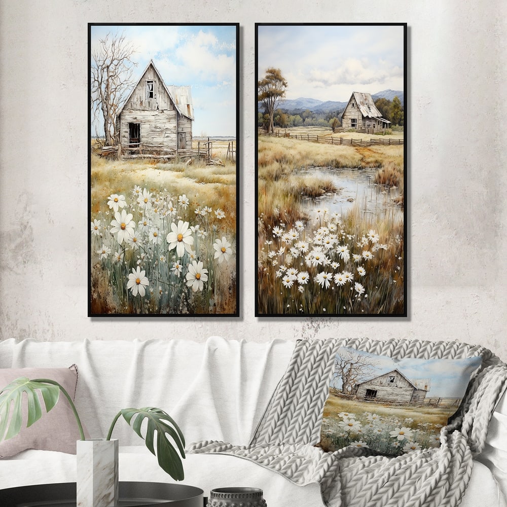 Designart "Farmhouse Quiet Retreat" Farm Framed Wall Art Set Of 2 - White Gallery Set For Office Decor