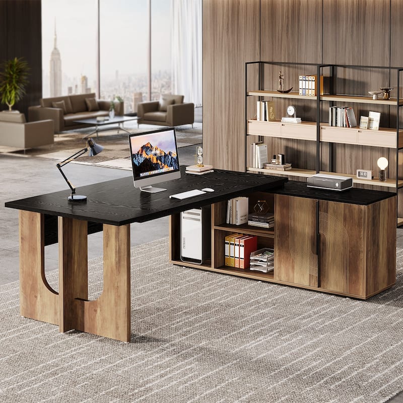 74.8-Inch L Shaped Executive Desk, Large Office Computer Desk with Cabinet and Shelves for Home Office