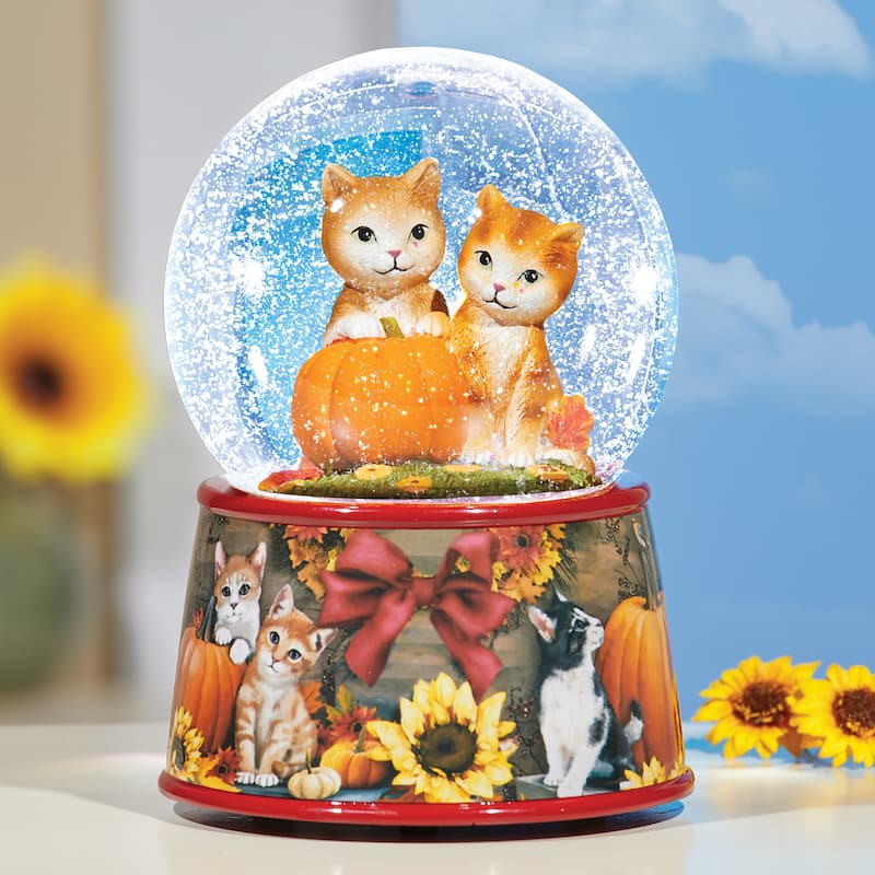 Hand-Painted Harvest Cat Water Globe Decoration - 4 x 5.75 x 4 - Orange - 4 x 5.75 x 4