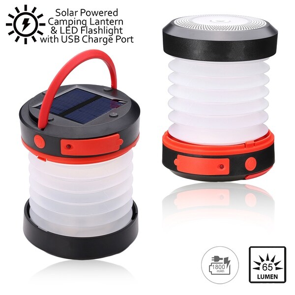 Indigi® LED Camping Lantern & Flashlight - Rechargeable Battery (Solar Panel & USB Charging) for Outdoor Hiking & Camping