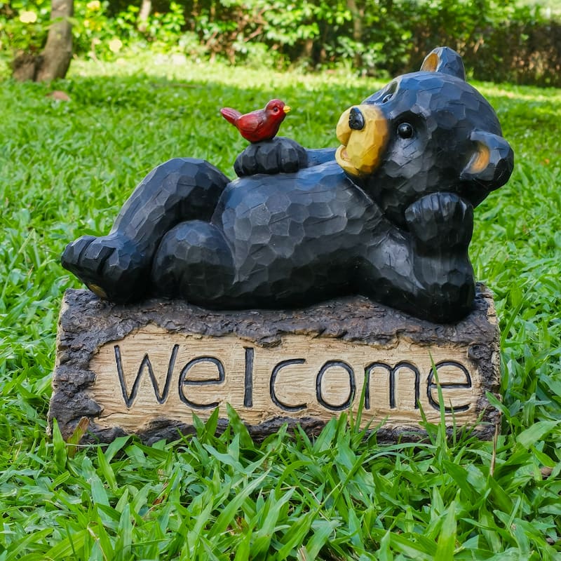 Lying Bear with Cardinal Outdoor Welcome Garden Sign - 13"