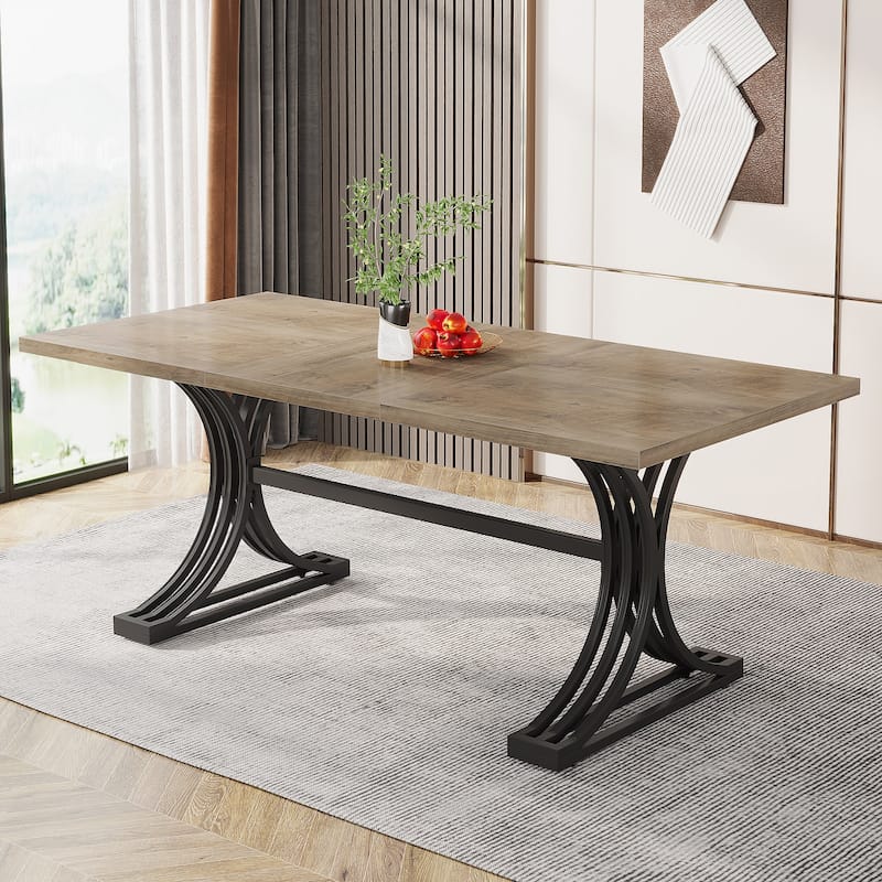 63'' Modern Dining Table with Trestles Legs for Kitchen Dining Room - Grey+Black