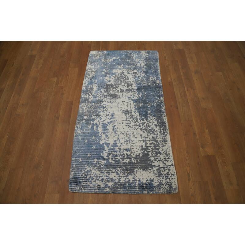 Hand Knotted Oriental Viscose Silk Carpet Modern Abstract Navy Blue & Blues Abstract Area Rug - 4' 0'' X 2' 0''