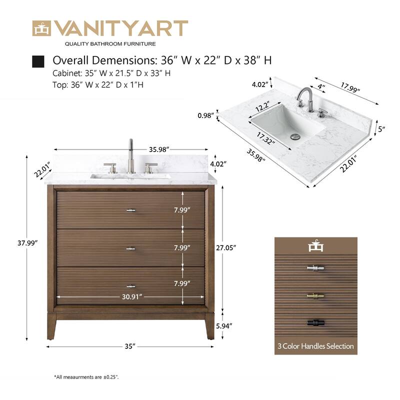 Vanity Art 36" Freestanding Bathroom Vanity with Engineered Marble Top and Sink