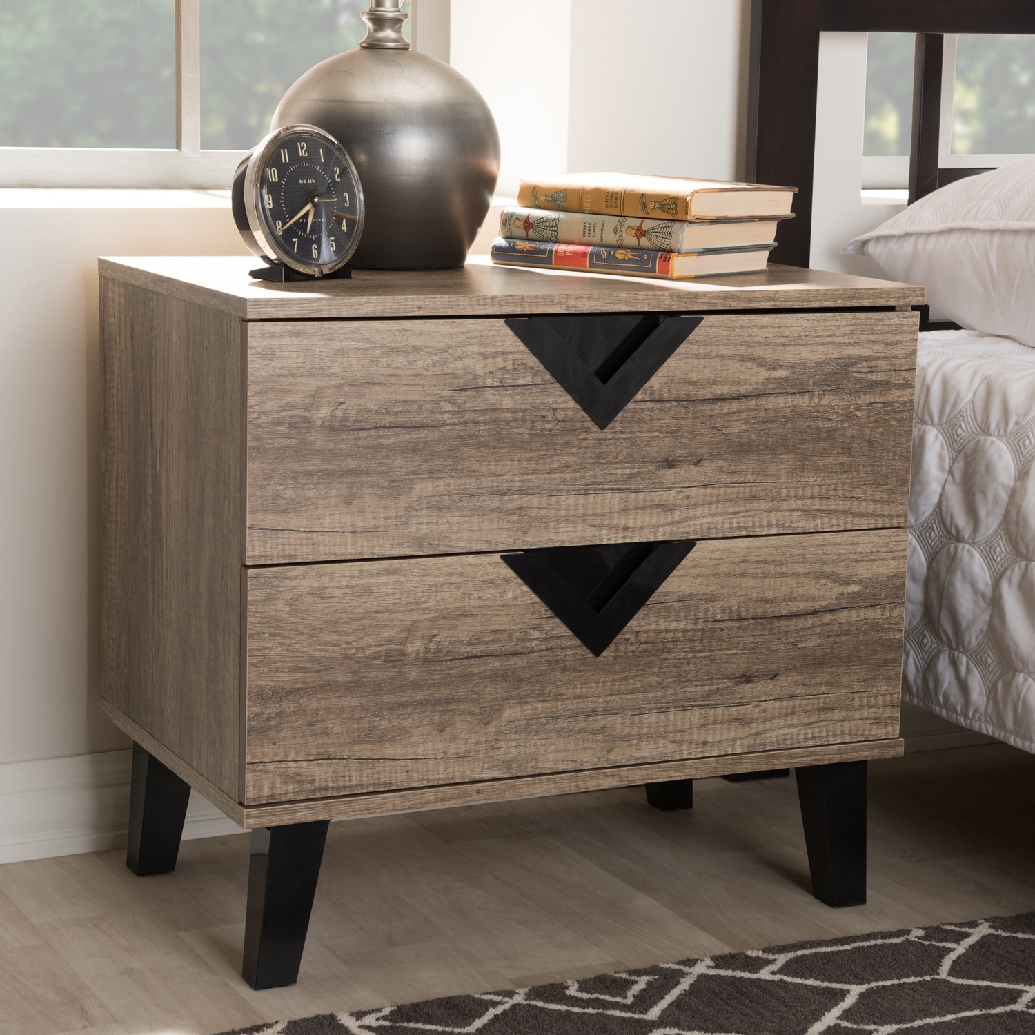 Modern Nightstand 2 Drawer Bedside Table, Oak Veneer & Black Accents, Bedroom Storage Organizer