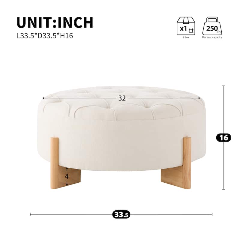 32" Round Tufted Ottoman with Solid Wood Legs, Modern Coffee Table with Tufted Buttons, Piping Lines, Chenille Fabric Footrest
