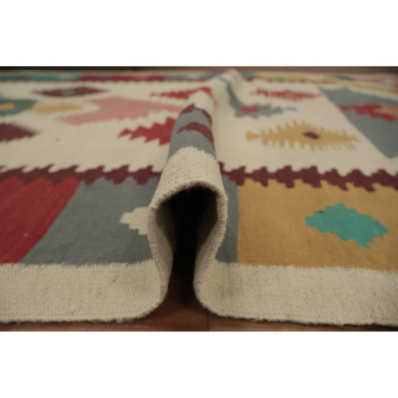 Hand Woven Oriental 100% Wool Carpet Southwestern Tribal Beige & Ivories Kilim Area Rug - 11' 9'' X 4' 10''