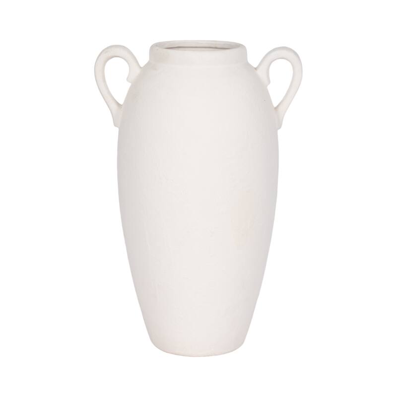 Neutral Ceramic Textured Amphora Jug with Handles Vase - White