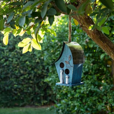 Alpine Corporation 12" Tall Outdoor Hanging Wood and Metal Birdhouse, Blue