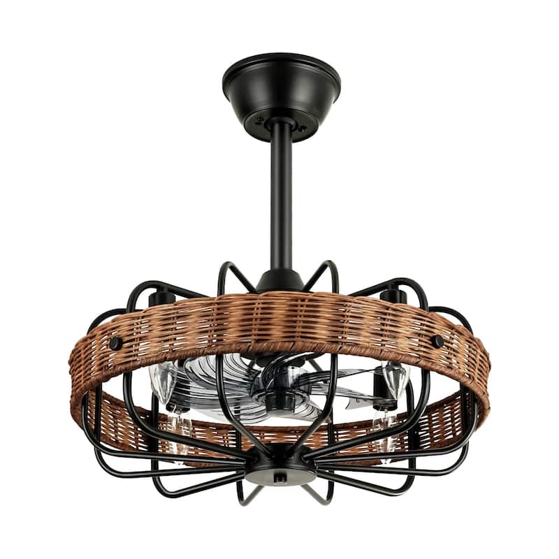 4-Light Farmhouse Modern Brown Drum Ceiling Fan Lighting with Woven Rattan Accent - 18.5 in. W x 5.7 in. H