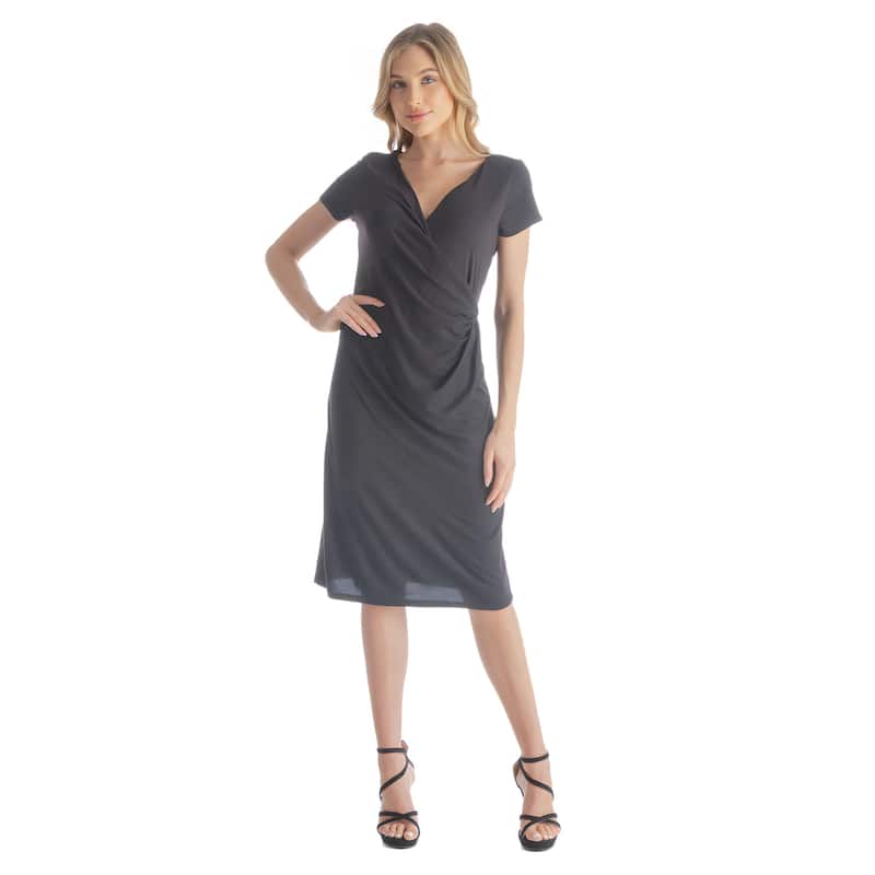 24seven Comfort Apparel Womens Short Sleeve Knee Length Faux Wrap Dress - Black - S