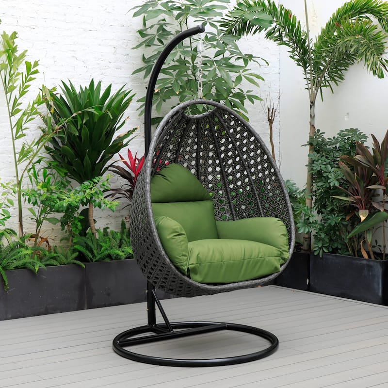LeisureMod Charcoal Single Seater Rattan Wicker Egg Swing Hanging Chair for Indoor Outdoor Patio Porch Backyard Garden