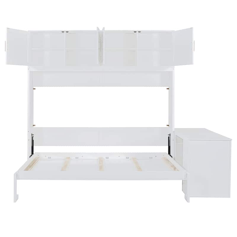 Queen Size Murphy Bed with Storage Shelves and 2 Storage Cabinets, Wooden Foldable Wall Bed Frame with Desk & Hydraulic Lift