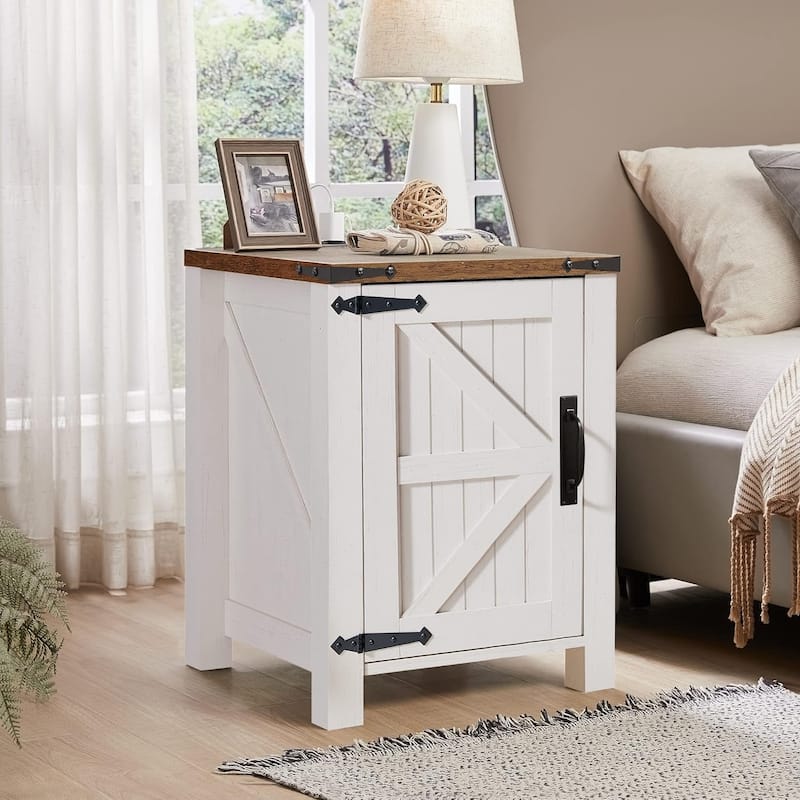 Farmhouse Wood Nightstand with Charging Station, End Table, Side Table