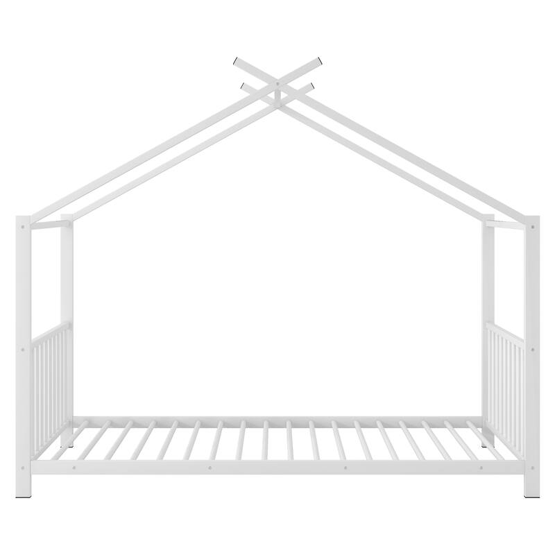Twin Size White Metal House Platform Bed with Slat Kit, Easy Assembly