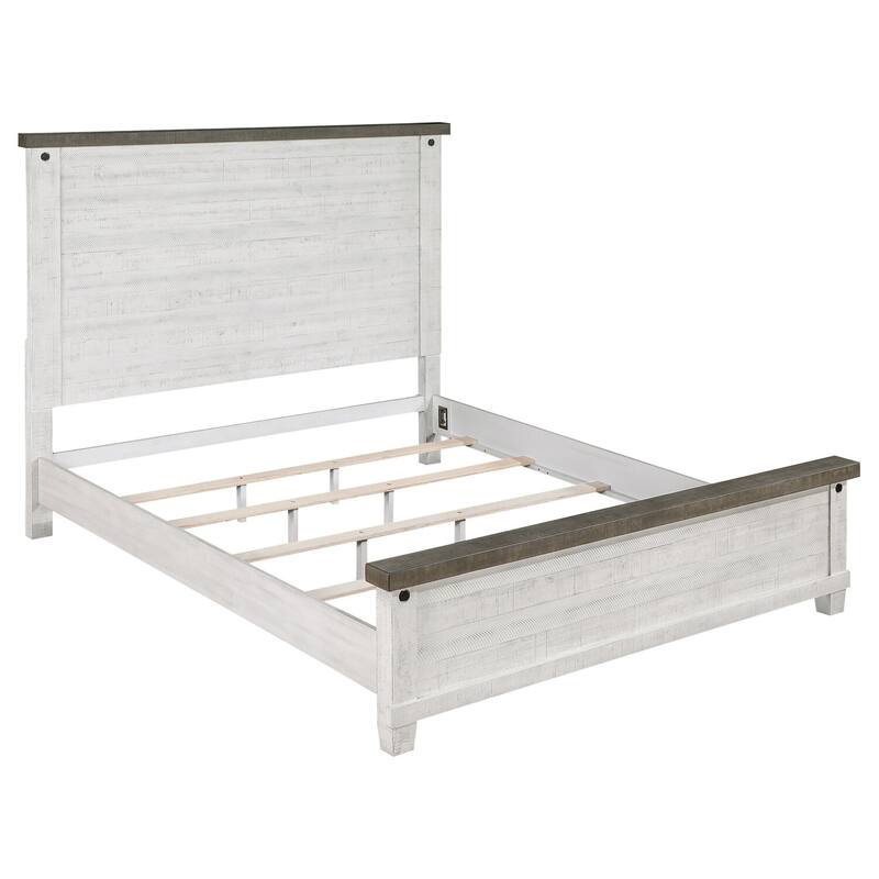 Wooden Panel Bed in Distressed White and Gray with Classic Squared Headboard, Low Footboard, and Modern Design