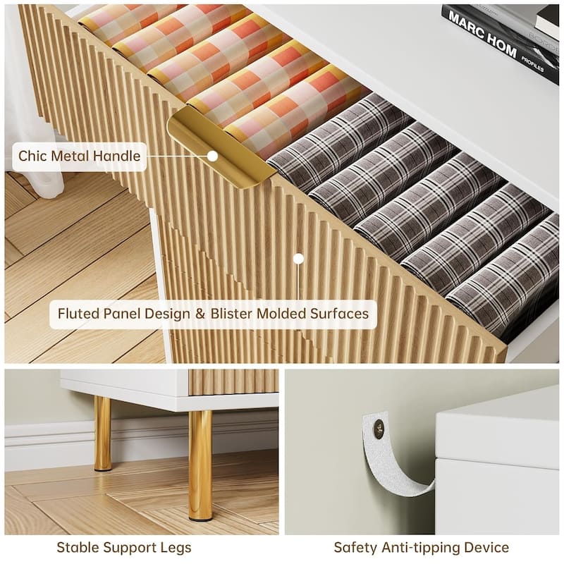 Modern 3 Drawer Dresser for Bedroom, Wood Chest with Gold Handle and Large Drawers for Living Room, Hallway, Entryway
