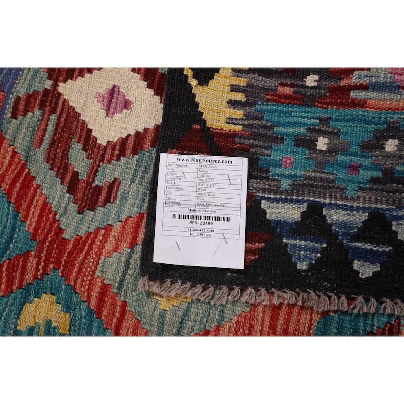 Multi-Color Geometric Kilim Area Rug Flatweave Wool Carpet - 8'5" x 9'6"
