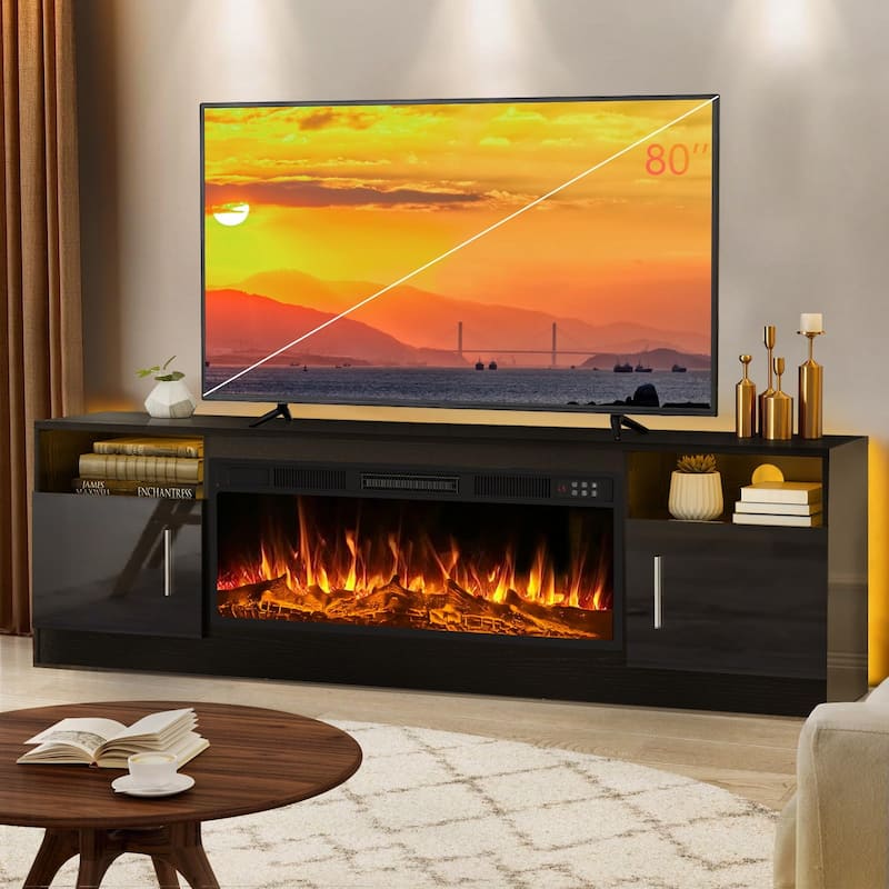 Bossin 70" Fireplace TV Stand with 36" Electric Fireplace, TV Stand for TVs Up to 80", 16 Colors LED Lights/Entertainment Center - Black
