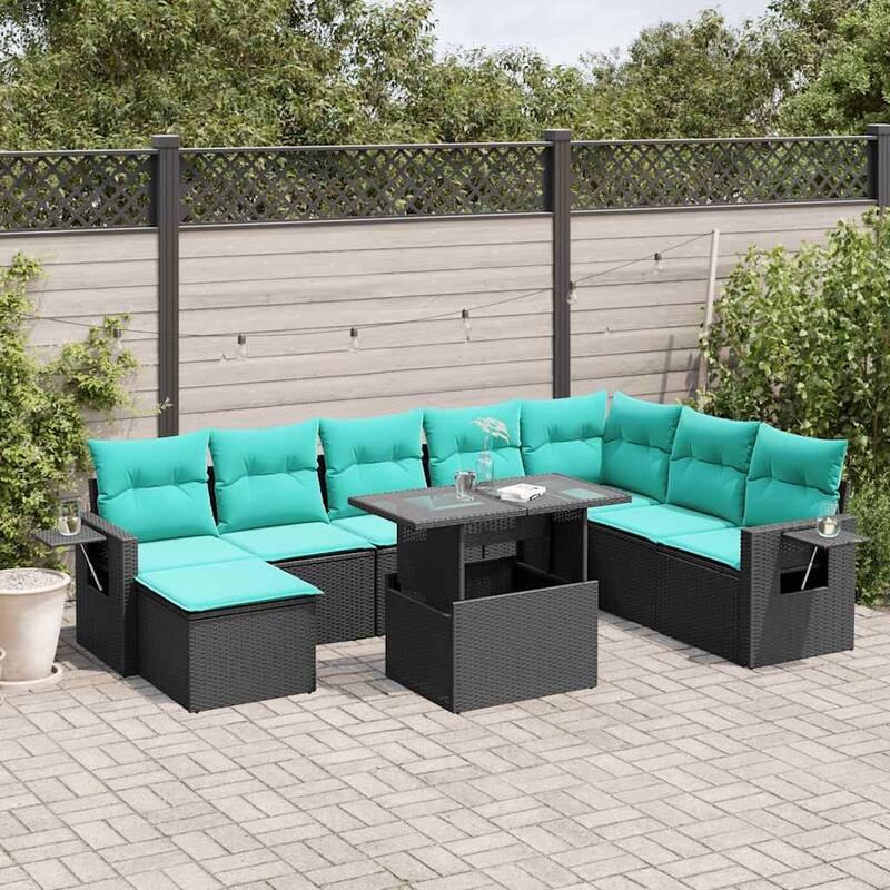 vidaXL Patio Sofa Set with Cushions Table and Couches 9 Piece Poly Rattan - 24.4 x 24.4 x 27.2 - Black without storage
