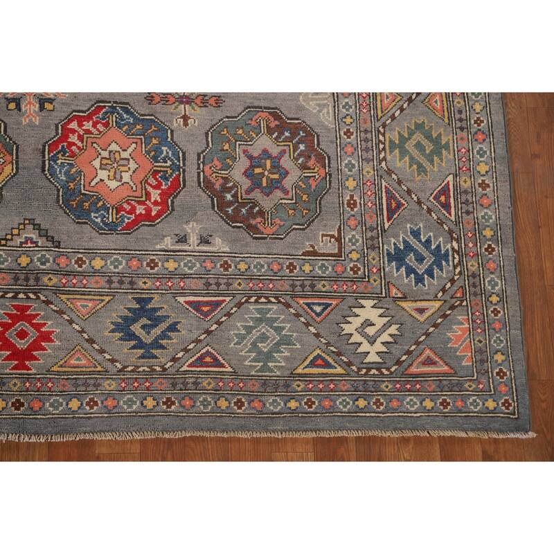 All-Over Gray Kazak Living Room Area Rug Hand-Knotted Wool Carpet - 6'7" x 9'8"