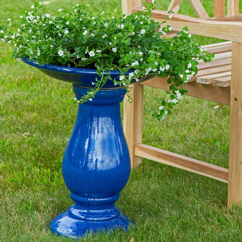 Sunnydaze Daisy Embossed Bowl Glazed Ceramic Bird Bath - Blue - 21.5" H