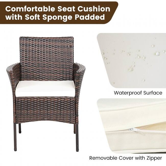 2 Pieces Rattan Arm Dining Chair Cushioned Sofa Furniture Patio - 25'' x 23'' x 33'' (L x W x H)