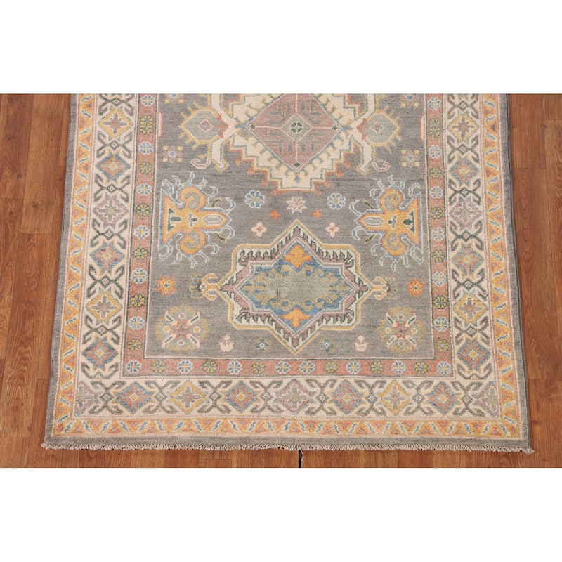 Geometric Grey Kazak Oriental Rug Bedroom Hand-Knotted Wool Carpet - 4'0"x 5'10"