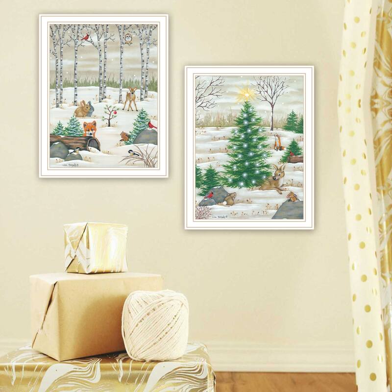 2-Piece Framed Wall Art Set - Woodland Critters for Christmas, White Frame