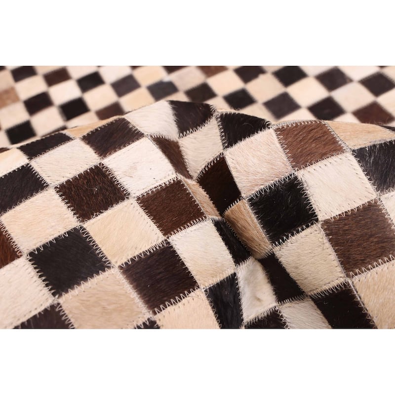 ECARPETGALLERY Handmade Cowhide Patchwork Dark Brown, Ivory Leather Rug - 5'1 x 5'1