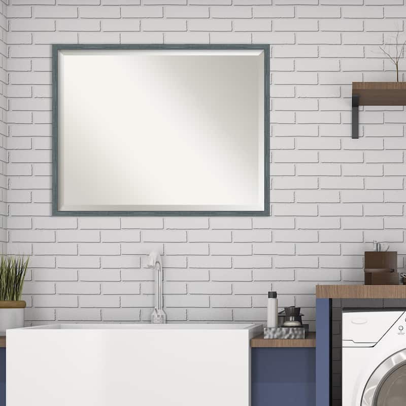 Beveled Wood Bathroom Wall Mirror - Dixie Blue Grey Rustic Narrow Frame