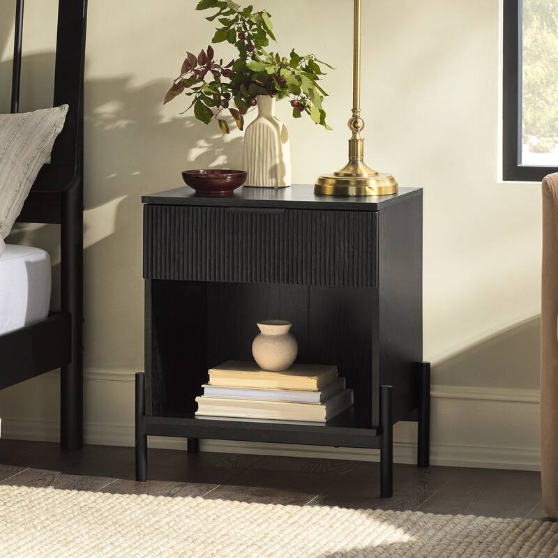 Fluted-Drawer Modern Nightstand with Open Cubby and Metal Legs - Black
