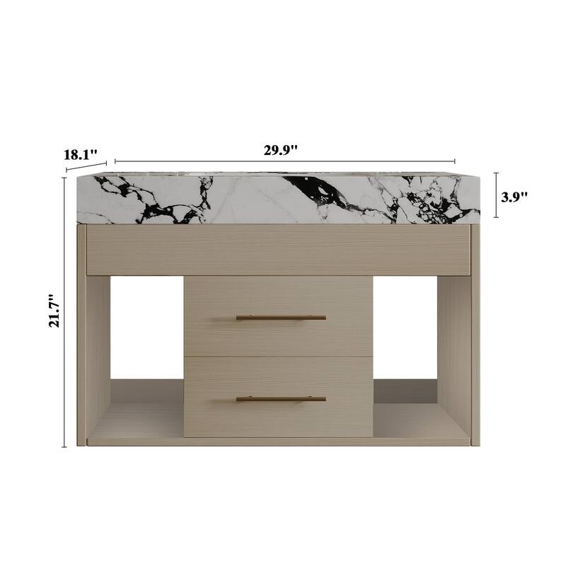 29.9" Floating Bathroom Vanity with Bulgari White Sintered Stone Top, Ceramic Undermount Sink & Storage
