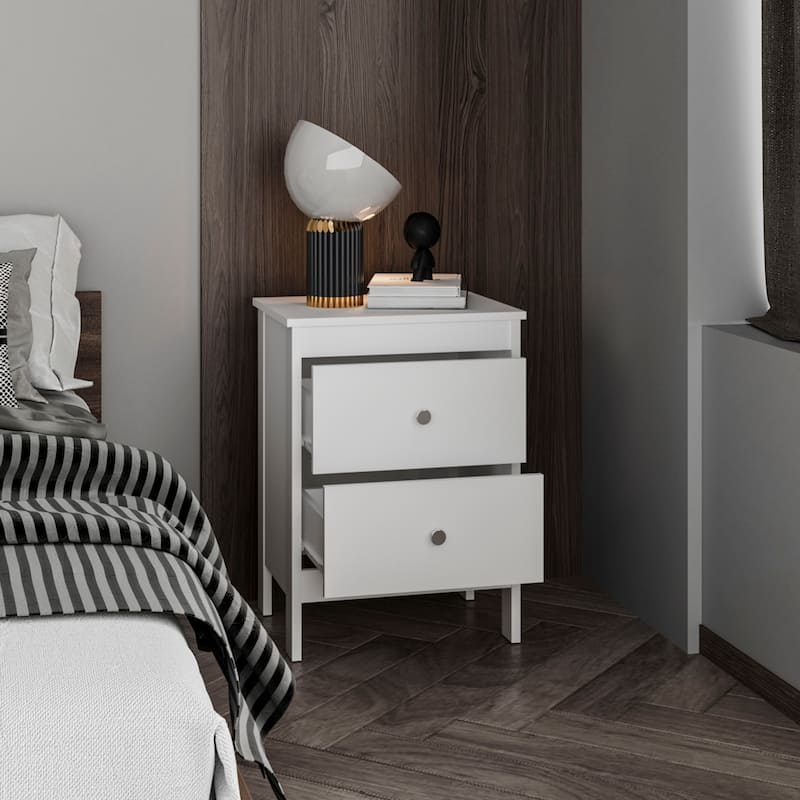 Nightstand Two Drawer And Open Shelf, Modern Bedside Table, White