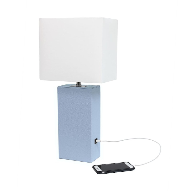 Modern Leather Table Lamp with USB and White Fabric Shade