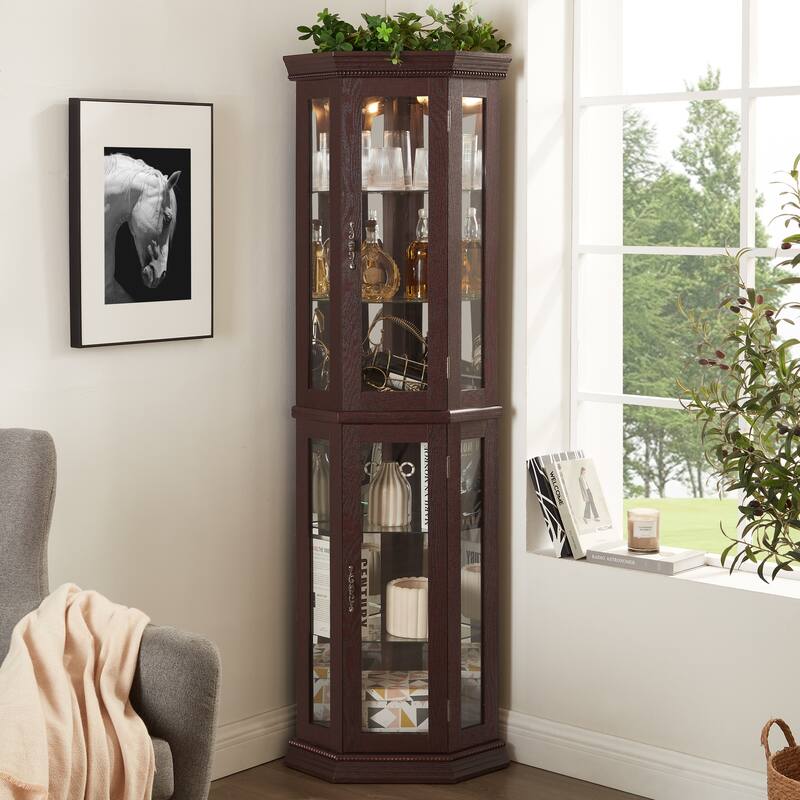 GDFStudio - Traditional Storage Corner Curio Cabinet with Lighted Glass Shelves
