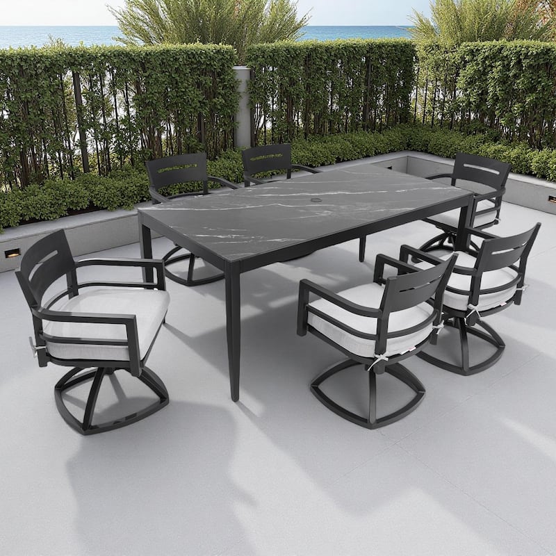 7-Piece Outdoor Patio Aluminum Dining Set with Marble-pattern Tabletop, 6 Swivel Rocker Chairs, and Umbrella Hole - Black